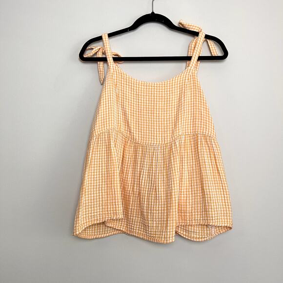 Old Navy Tie-Shoulder Smocked Gingham Cami Babydoll Swing Blouse Orange M Tall - Picture 1 of 5
